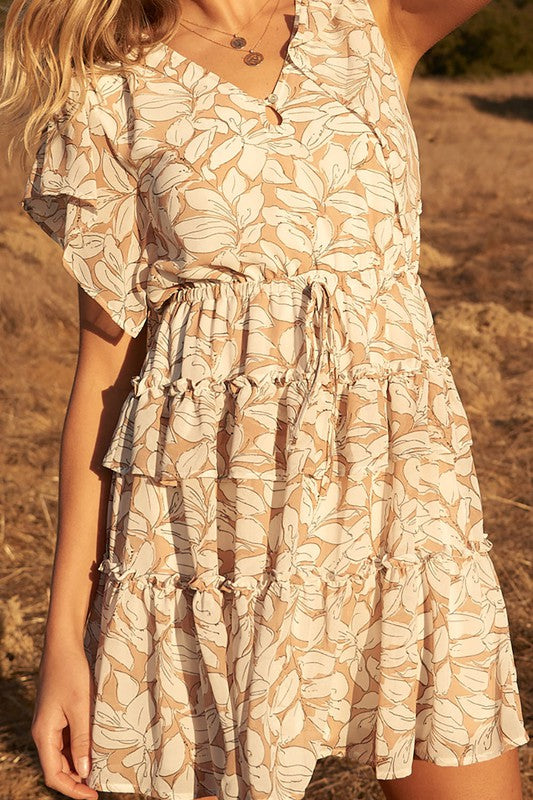Floral-Print Flyaway-Sleeve Ruffled Mini Dress