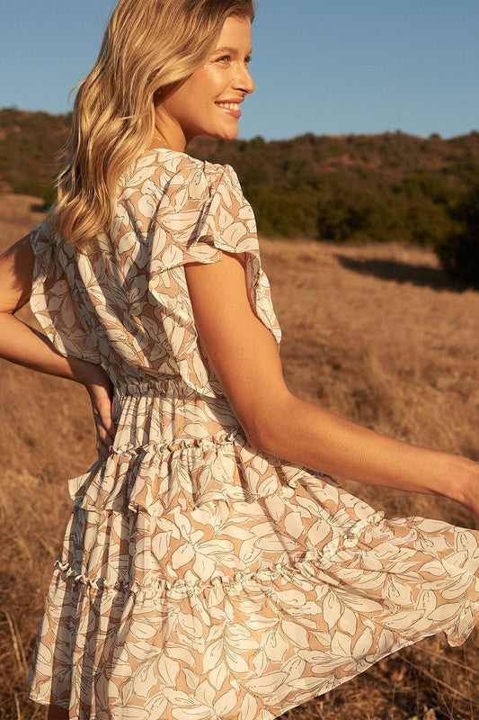 Floral-Print Flyaway-Sleeve Ruffled Mini Dress