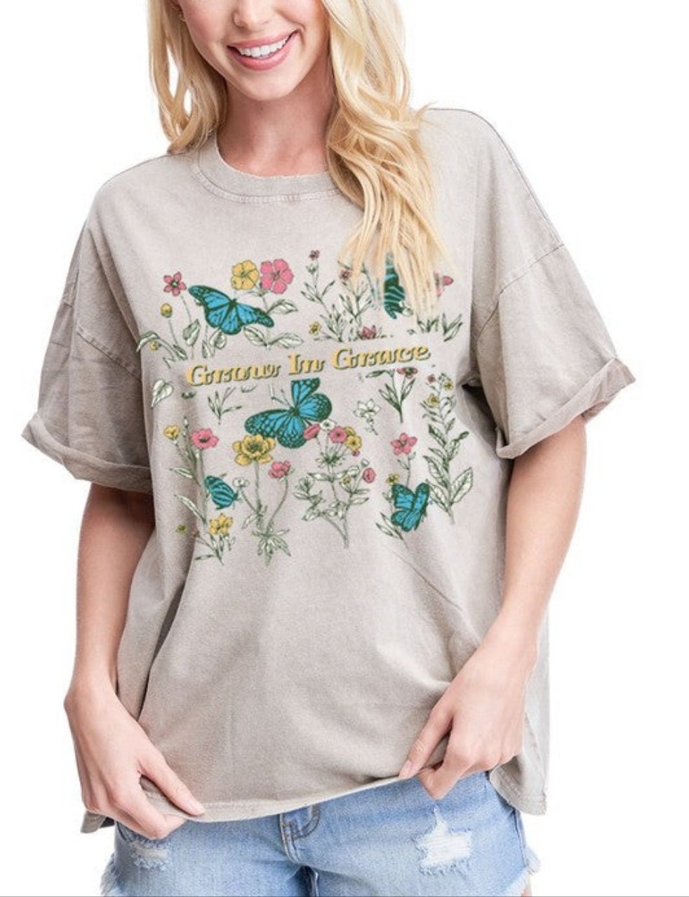 OVERSIZED GROW IN GRACE  BUTTERFLY FLOWERS GRAPHIC  Taupe Mineral Wash Graphic Tee