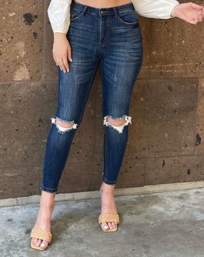 High Rise Distressed Knee Dark Wash Suzanne Jeans