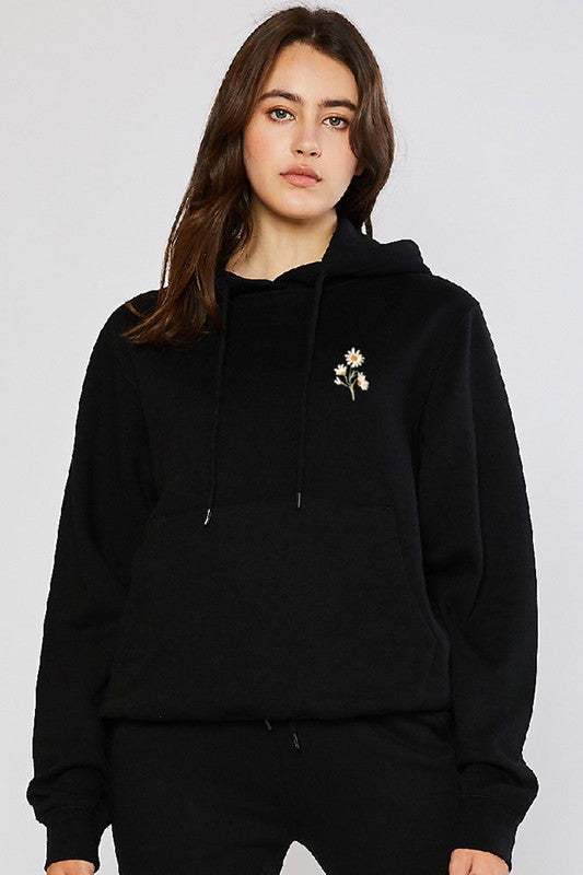FLEECE BOYFIREND FIT PULLOVER HOODIE WITH FLOWER EMBROIDERY