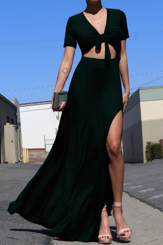 VENETIAN V NECK TIE MAXI DRESS SLIT