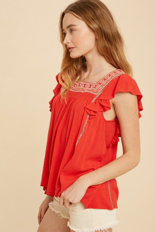 SQUARE NECK EMBROIDERED RED TOP