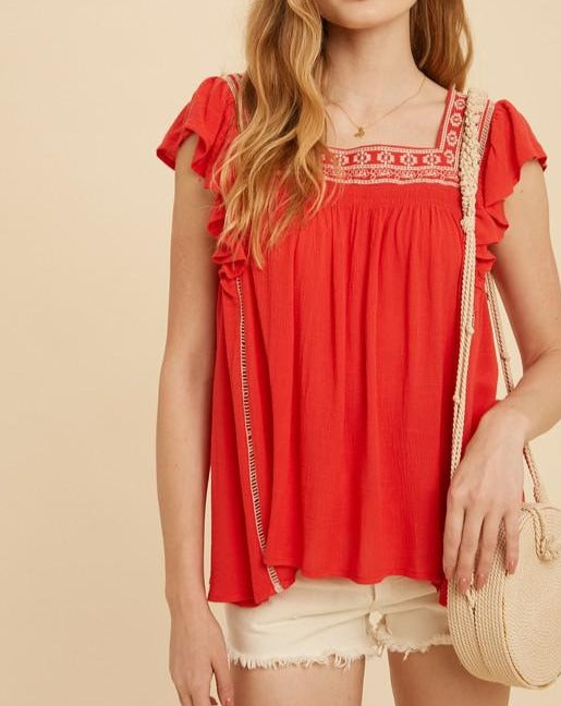 SQUARE NECK EMBROIDERED RED TOP