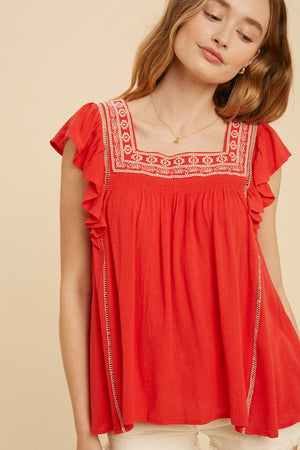 SQUARE NECK EMBROIDERED RED TOP