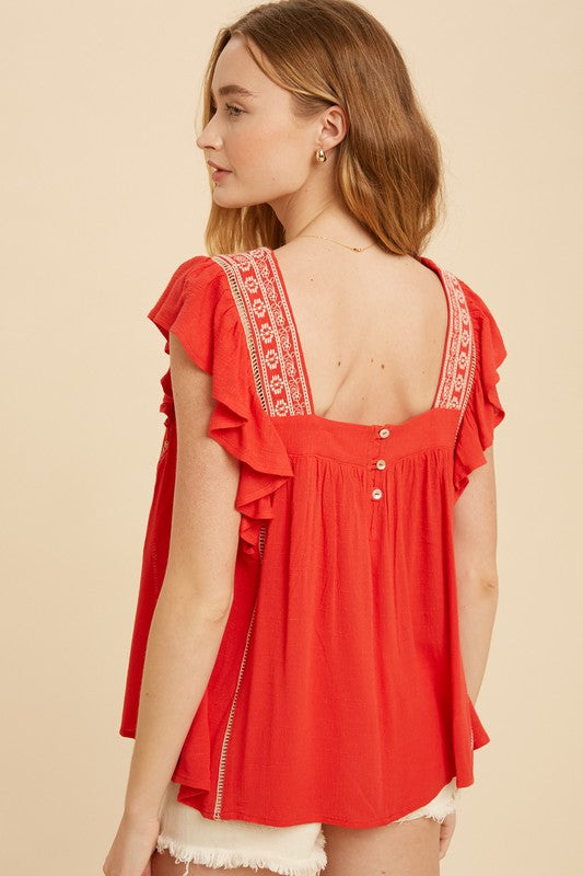 SQUARE NECK EMBROIDERED RED TOP