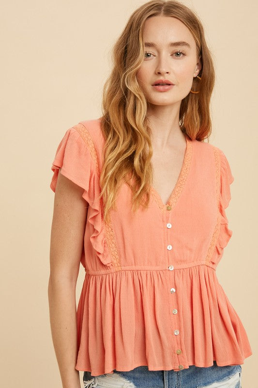 LACE INSET RUFFLED BUTTON CORAL TOP