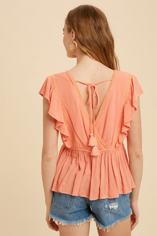 LACE INSET RUFFLED BUTTON CORAL TOP