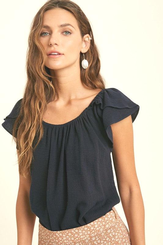 TEXTURED TULIP SLEEVE TOP-NAVY