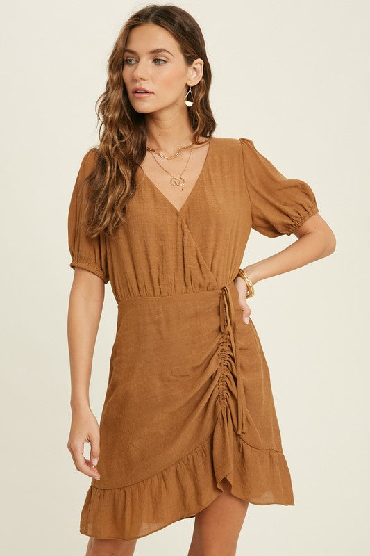 SURPLICE RUCHED LINED MINI DRESS