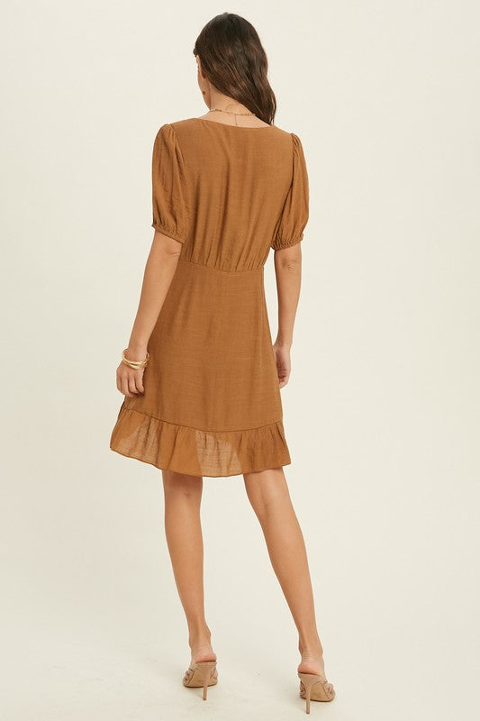 SURPLICE RUCHED LINED MINI DRESS