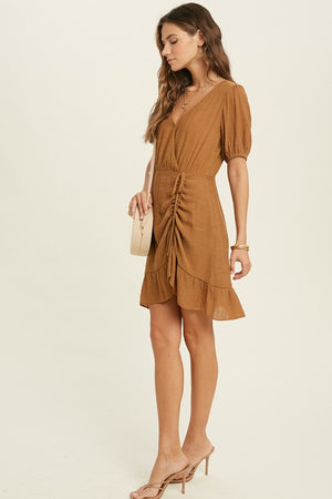 SURPLICE RUCHED LINED MINI DRESS