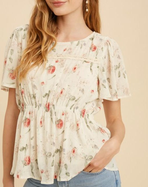 CRINKLE FABRIC FLORAL CINCHED BLOUSE