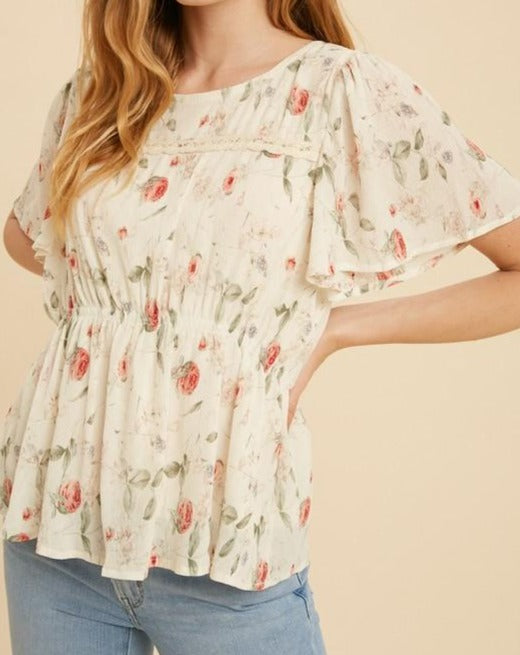 CRINKLE FABRIC FLORAL CINCHED BLOUSE