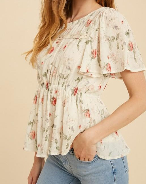 CRINKLE FABRIC FLORAL CINCHED BLOUSE