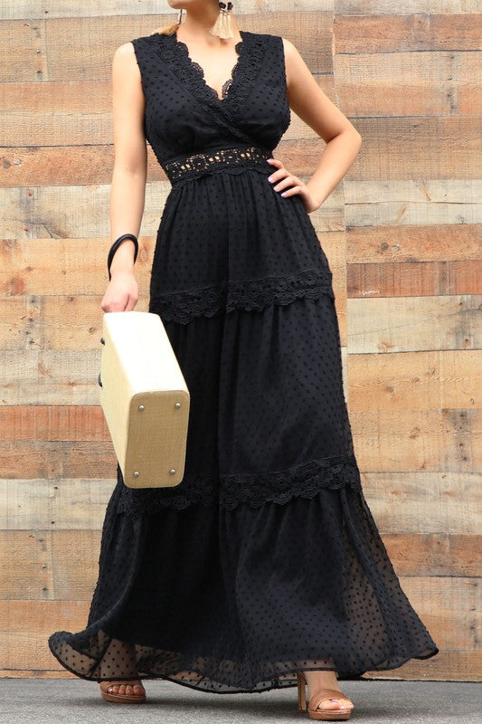 WOVEN MAXI DRESS WAIST LACE BAND Black