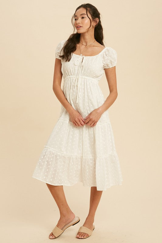 TIERED EYELET MIDI DRESS