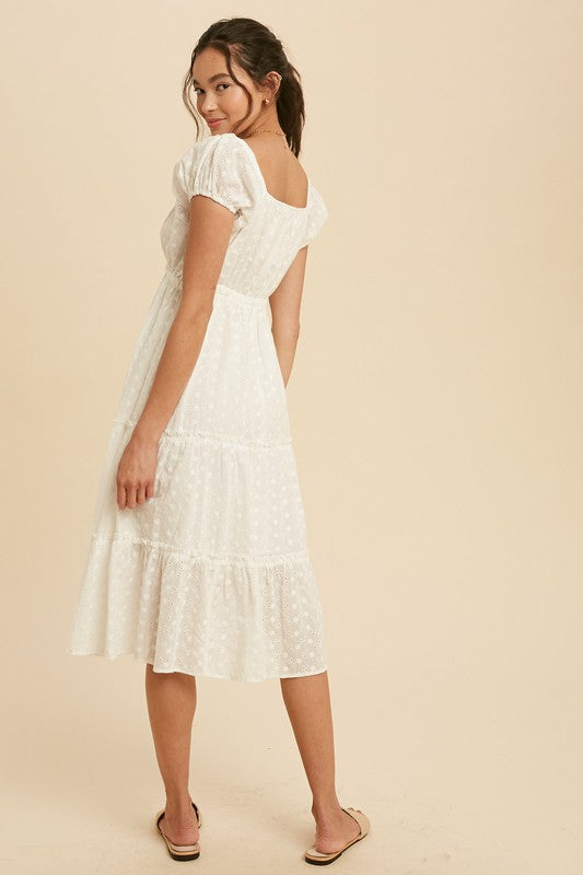 TIERED EYELET MIDI DRESS