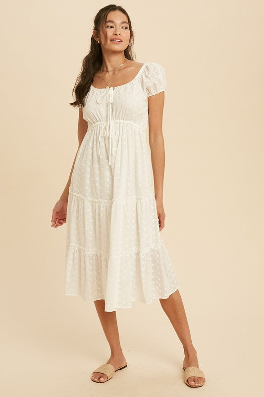 TIERED EYELET MIDI DRESS