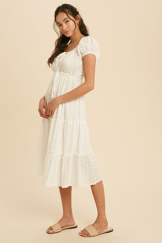 TIERED EYELET MIDI DRESS