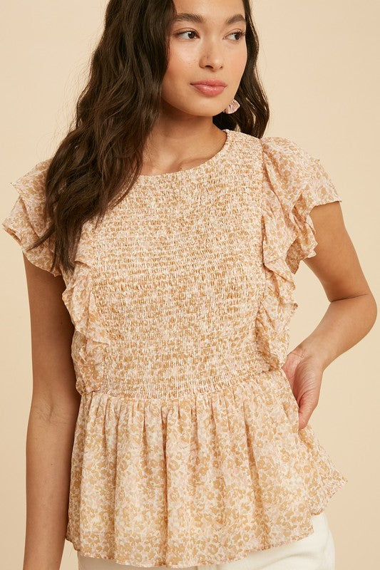 SMOCKED RUFFLE PEPLUM TOP