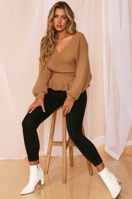 Long Sleeve Solid Knit Surplice V Neck Sweater-Camel