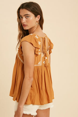 YOU'RE SO GOLDEN EMBROIDERED SQUARE NECK BABYDOLL TOP