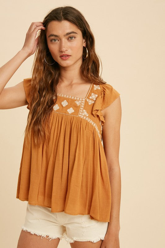 YOU'RE SO GOLDEN EMBROIDERED SQUARE NECK BABYDOLL TOP