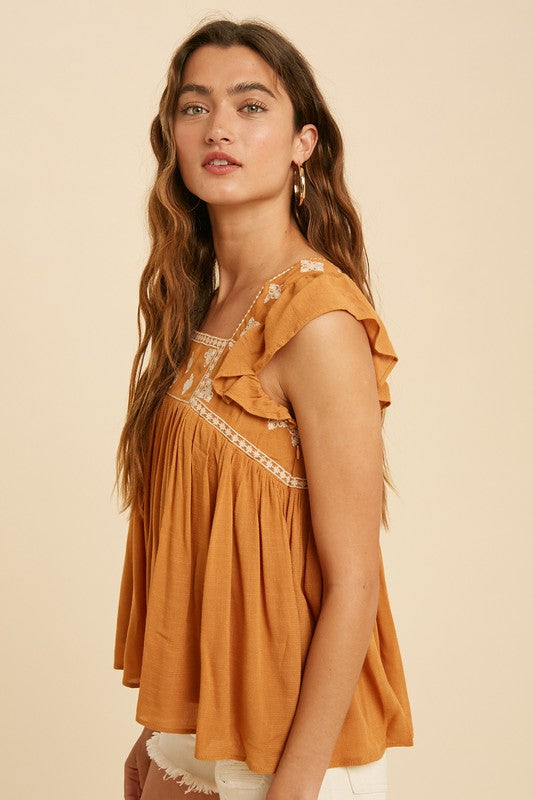 YOU'RE SO GOLDEN EMBROIDERED SQUARE NECK BABYDOLL TOP