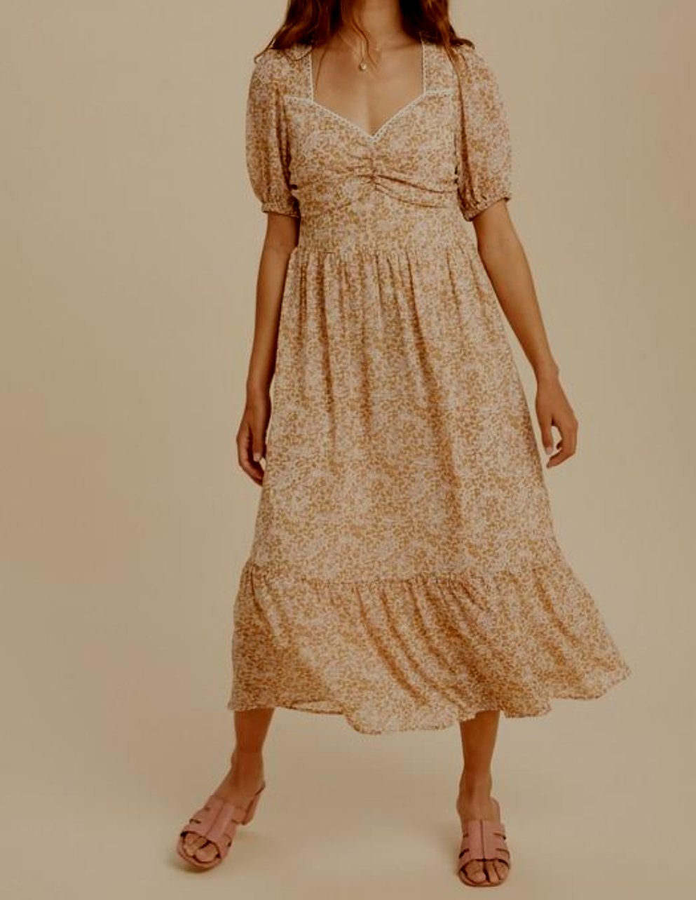 Ruched Bust Fitted Bodice Lace Trim Midi Dress Mota Boutique Ruched Bust Fitted Bodice Lace Trim Midi Dress Mota Boutique