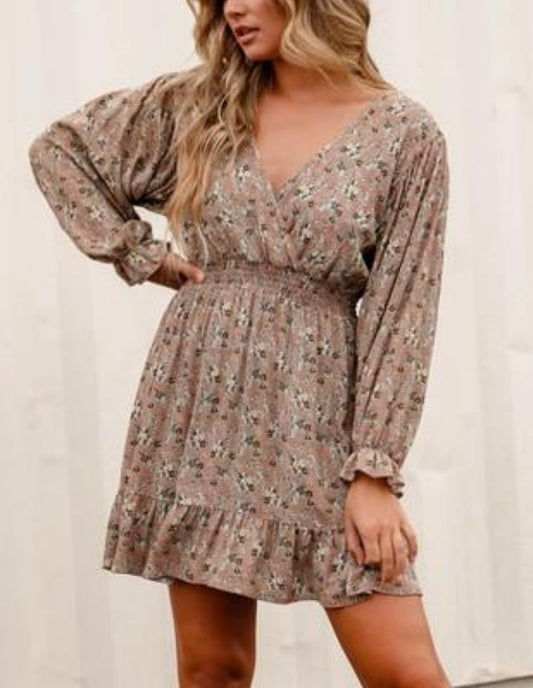 Long Sleeve Floral Print Woven Mini Dress