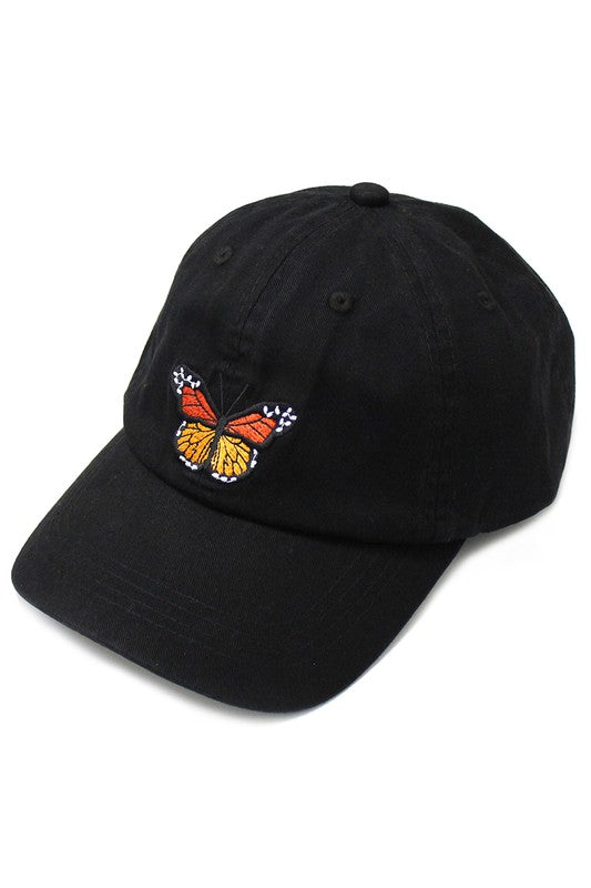 Embroidered Colorful Butterfly  Black Hat