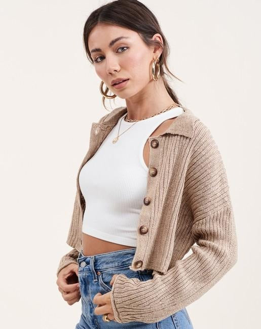 Slouchy Collared Button Cropped Cardigan