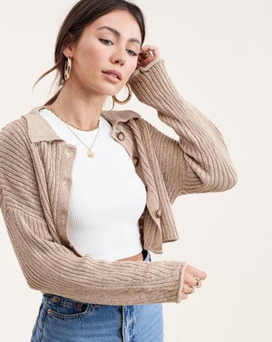 Slouchy Collared Button Cropped Cardigan