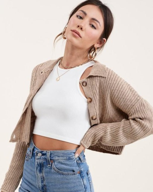 Slouchy Collared Button Cropped Cardigan