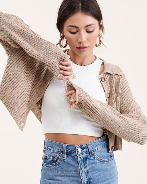 Slouchy Collared Button Cropped Cardigan