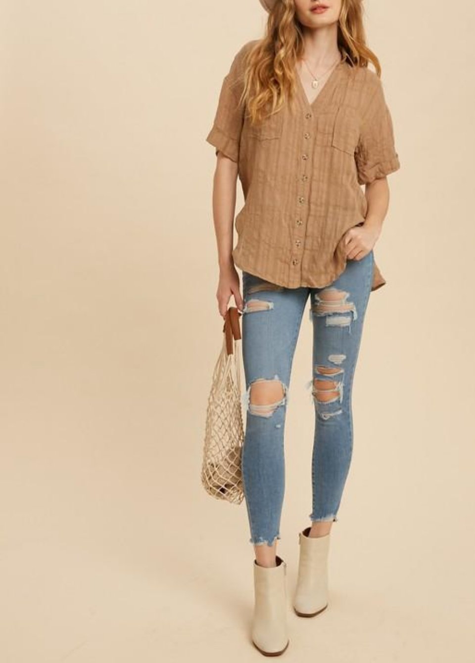 TEXTURED LINEN BLEND SHIRT-BROWN