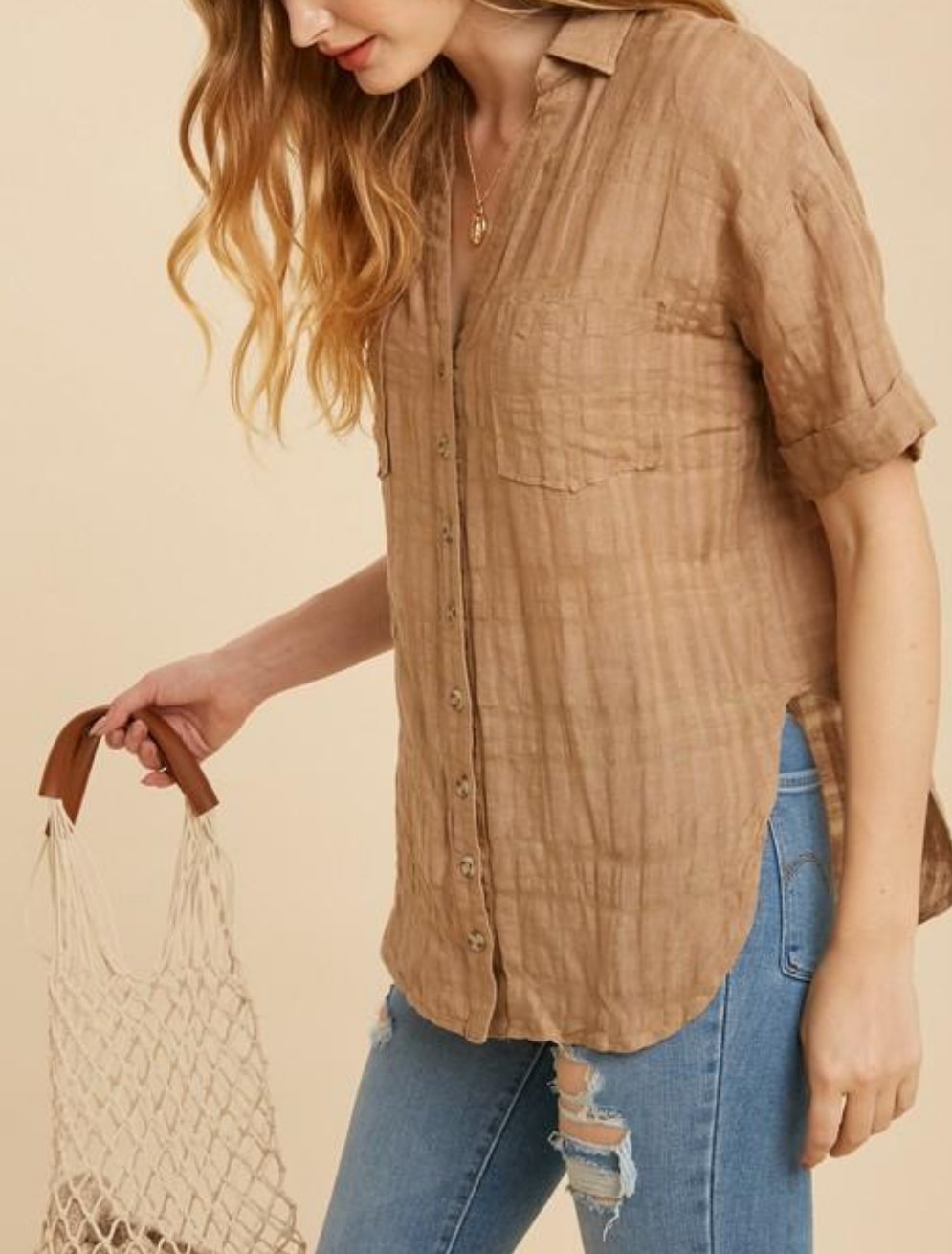 TEXTURED LINEN BLEND SHIRT-BROWN