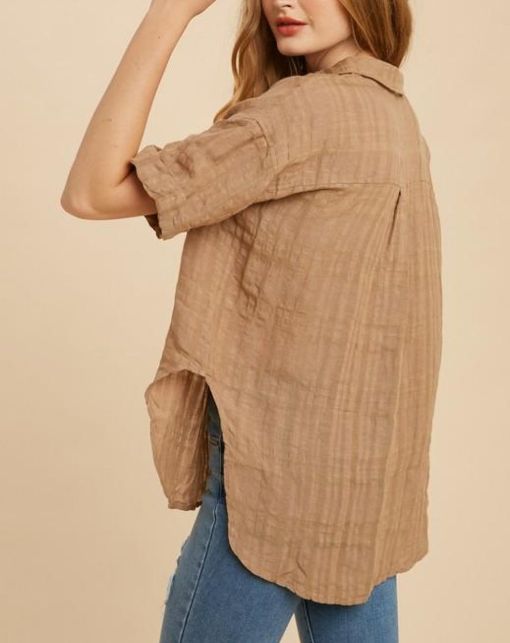 TEXTURED LINEN BLEND SHIRT-BROWN