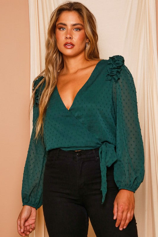 Solid Long Sleeve Ruffle Detail  Green Top