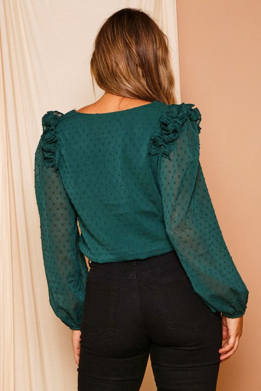 Solid Long Sleeve Ruffle Detail  Green Top