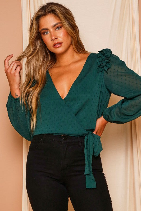 Solid Long Sleeve Ruffle Detail  Green Top