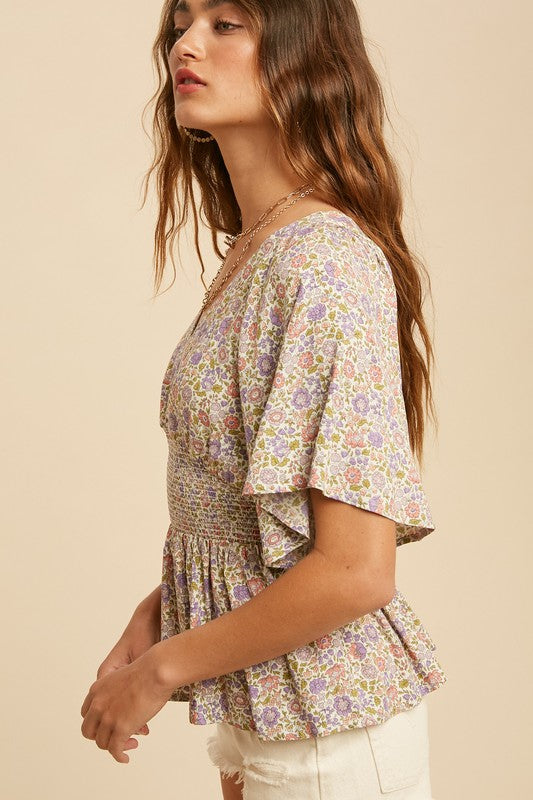 DITSY FLORAL PRINT FLUTTER SLEEVES TOP