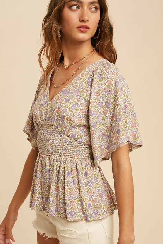 DITSY FLORAL PRINT FLUTTER SLEEVES TOP