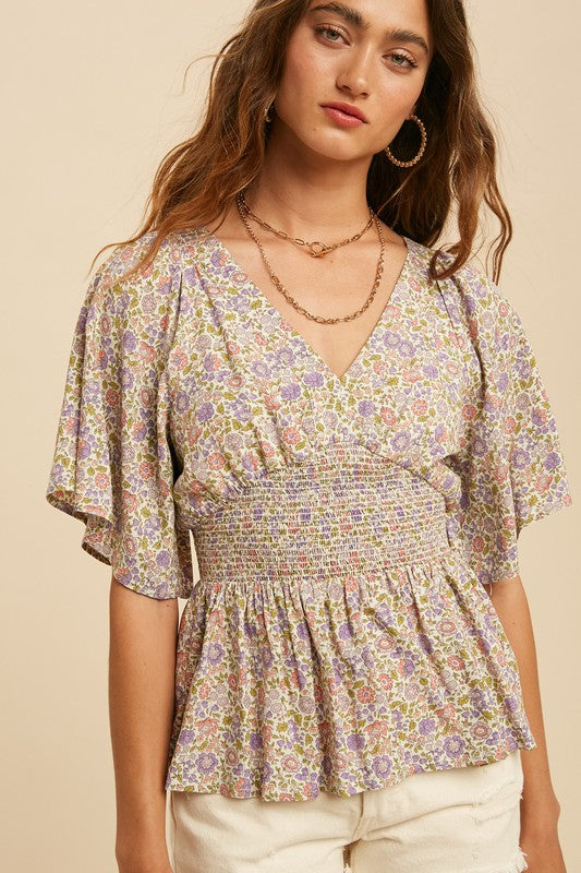 DITSY FLORAL PRINT FLUTTER SLEEVES TOP