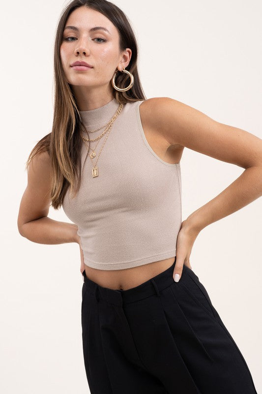 CINDY SLEEVELESS MOCK NECK CROP TOP -TAN