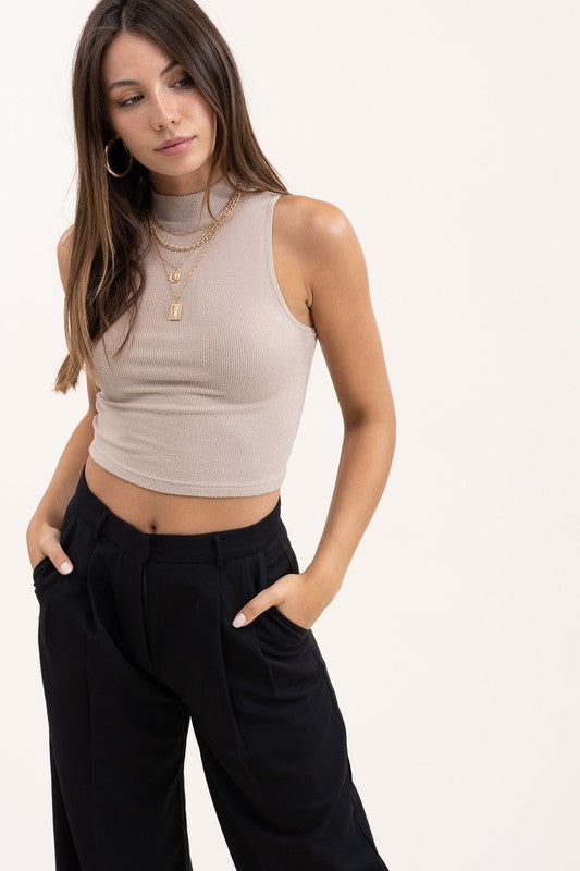 CINDY SLEEVELESS MOCK NECK CROP TOP -TAN