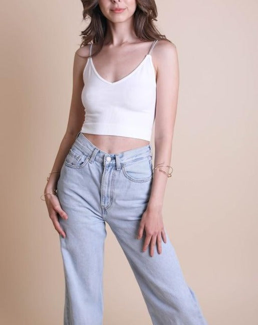 V-Neck Skinny Strap Low Back Brami Top-White