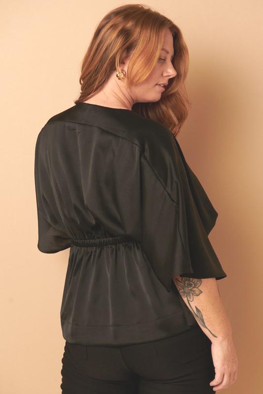 SATIN SURPLICED KIMONO SLEEVES PEPLUM TOP S-2XL