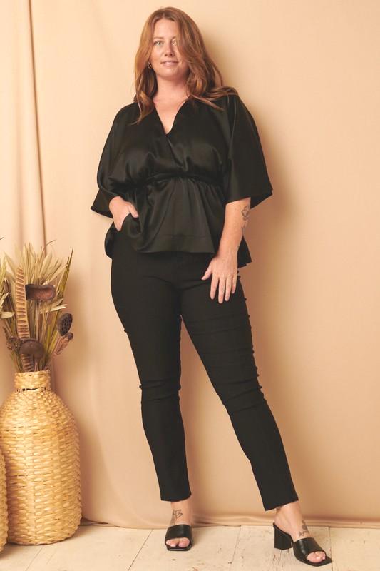 SATIN SURPLICED KIMONO SLEEVES PEPLUM TOP S-2XL